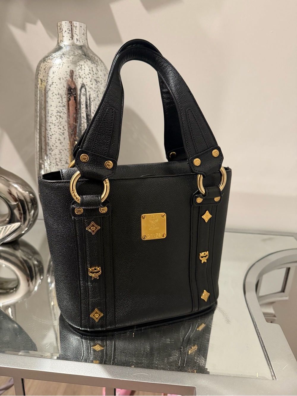 MCM Black Mini Tote with Gold Hardware